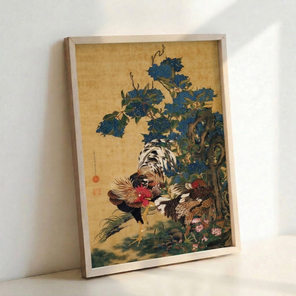 Japanese woodblock-style poster showing a rooster and hen nestled in grapevines with vibrant blue flowers and cream accents, evoking auspicious symbolism.