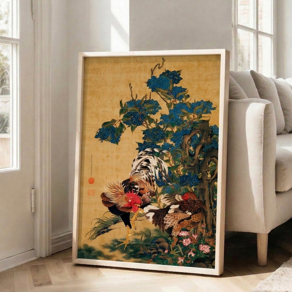 Serene Japanese botanical print framed on wall, featuring rooster and hen among flowering branches in deep blue and gold with earthy ochre highlights.