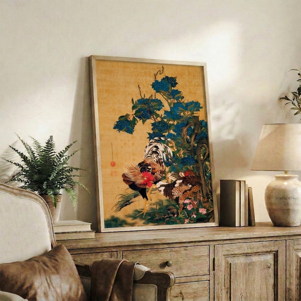 Traditional East Asian art print with a red rooster and brown hen surrounded by blue hydrangea and green grapevines in classic woodblock aesthetic.