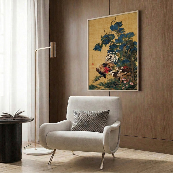 Framed Japanese art featuring birds on flowering vines with indigo blooms and lush foliage, rendered in warm golds and cool forest greens.