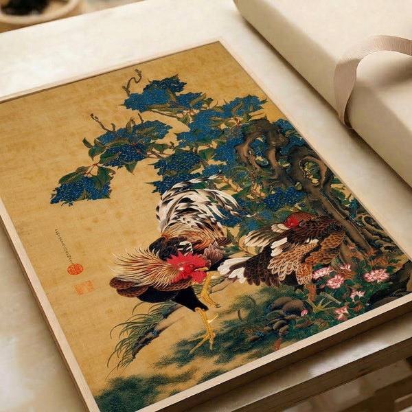 Japanese-inspired woodblock poster depicting a rooster and hen in a naturalistic garden setting with blue flowers, branches, and warm ochre and cream palette.