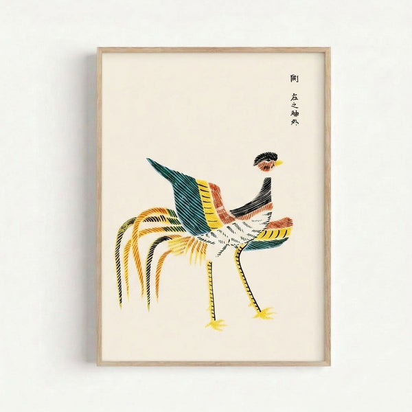 Minimalist rooster art print in the manner of Ito Jakuchu, rendered with naturalistic elegance using black ink and warm earthy colors on a light ground.