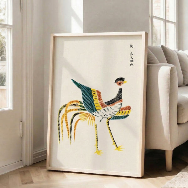 Japanese-inspired rooster bird print with wabi-sabi minimalist design, showcasing detailed featherwork in gold, teal-green, and rust hues.
