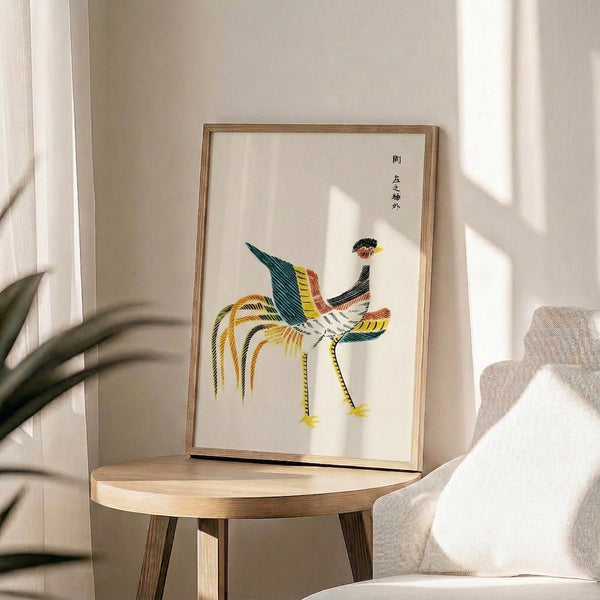Refined rooster artwork framed on wall, executed in Japanese woodblock style with a restrained palette of cream, black, teal, and warm rust tones.