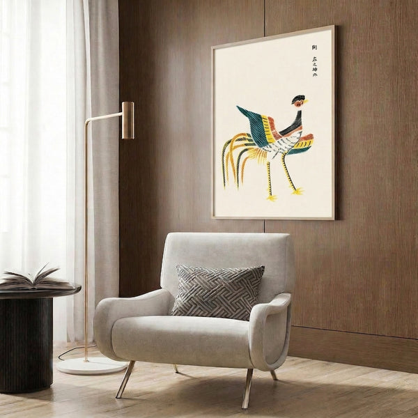 Naturalistic bird study of a rooster rendered as a minimalist framed poster, blending traditional Japanese aesthetic with delicate brushwork in earthy and teal colors.