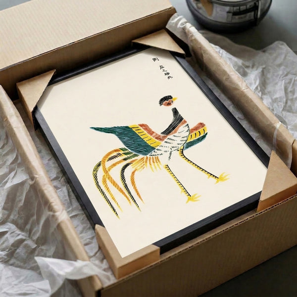 Decorative rooster art print featuring Japanese woodblock-inspired technique, displaying elegant feather detail in gold-yellow, rust-red, and teal-green on cream background.