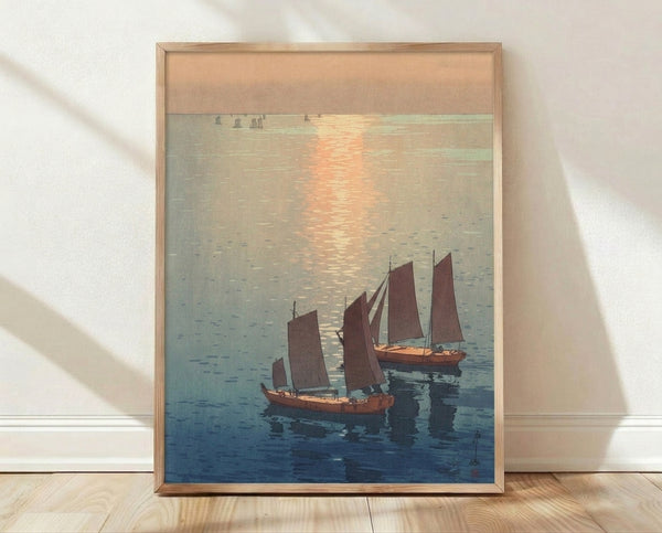 Serene Japanese woodblock-style poster depicting sailboats on still water at dawn, rendered in dusty blue, warm ochre, and sage green tones with a minimalist aesthetic.