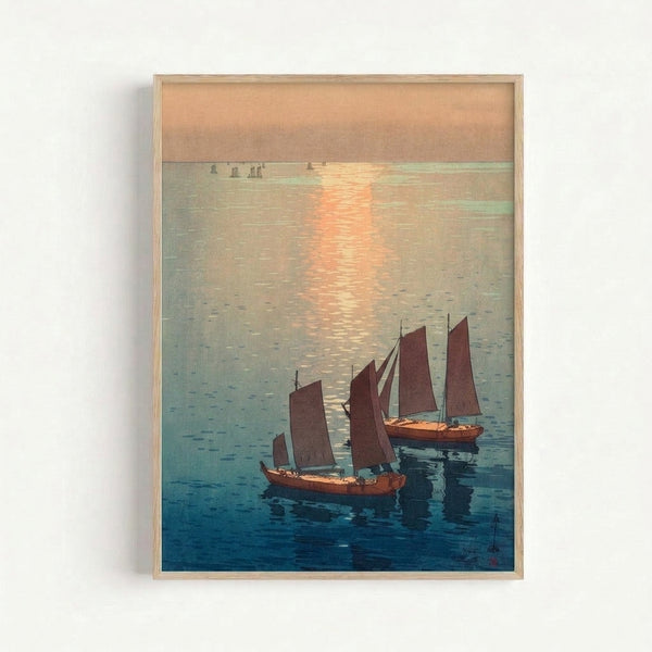 Framed art print showing a tranquil harbor scene with sailboat masts silhouetted against a soft sunrise, painted in muted burnt sienna and cream in the manner of traditional Japanese woodblock prints.