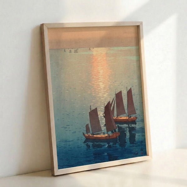 Contemplative Japandi poster featuring sailboats moored in calm water at daybreak, with warm ochre and dusty blue hues conveying peaceful, Zen-like tranquility.