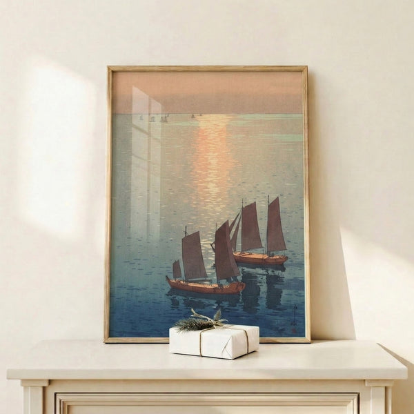 Minimalist wall art inspired by Japanese woodblock technique, portraying a solitary sailboat and harbor landscape in soft cream, sage green, and warm earth tones at dawn.