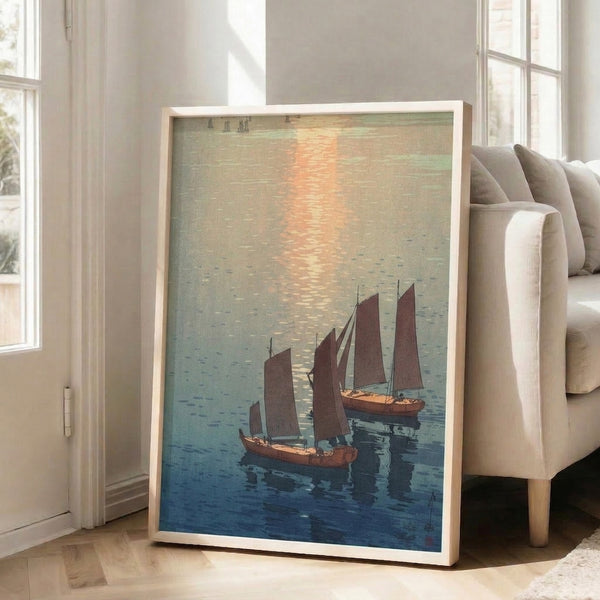 Framed Japanese-influenced art depicting dawn light over a quiet harbor with sailing vessels, rendered in a serene palette of dusty blue, burnt sienna, and ochre.