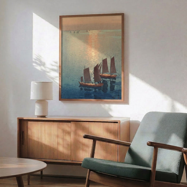 Zen-inspired framed print of sailboats on tranquil water at first light, combining Japanese woodblock aesthetics with a contemplative color palette of dusty blue, ochre, and warm earth tones.