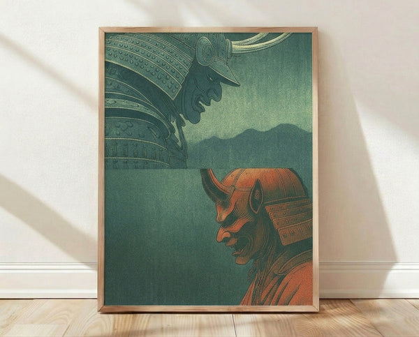 Framed Japanese woodblock art print featuring two ornate samurai helmets in profile facing each other, rendered in deep teal, forest green, and copper gold tones with a dignified, martial aesthetic.