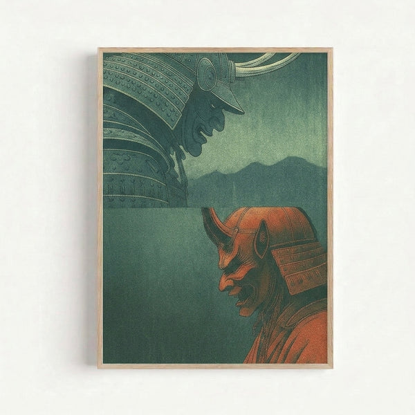 Vintage-style woodblock poster displaying a pair of intricately detailed warrior helmets opposing each other, with rich burnt orange and teal hues evoking contemplative strength and Japanese artistry.