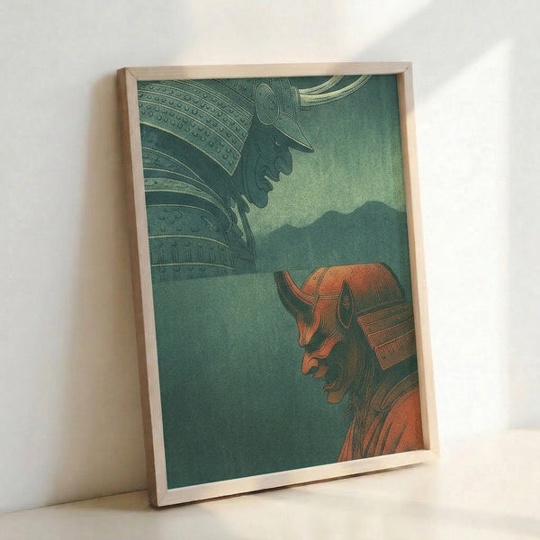 Framed art print of two samurai helmet profiles arranged face-to-face in traditional Japanese woodblock style, layered with forest green and gold metallic accents against a dignified backdrop.