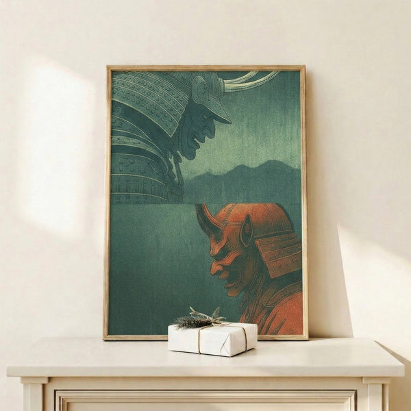 Japanese woodblock-inspired poster featuring opposing samurai armor helmets in deep jewel tones—teal, green, and burnt orange—conveying martial heritage and scholarly aesthetic.