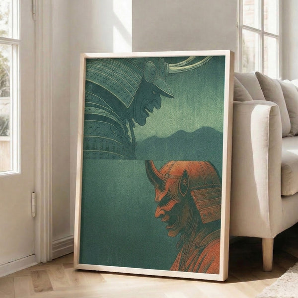 Vintage samurai helmet artwork displayed as a framed print, showing two ceremonial headpieces in profile with contemplative mood, rendered in copper gold and forest green Japanese woodblock technique.