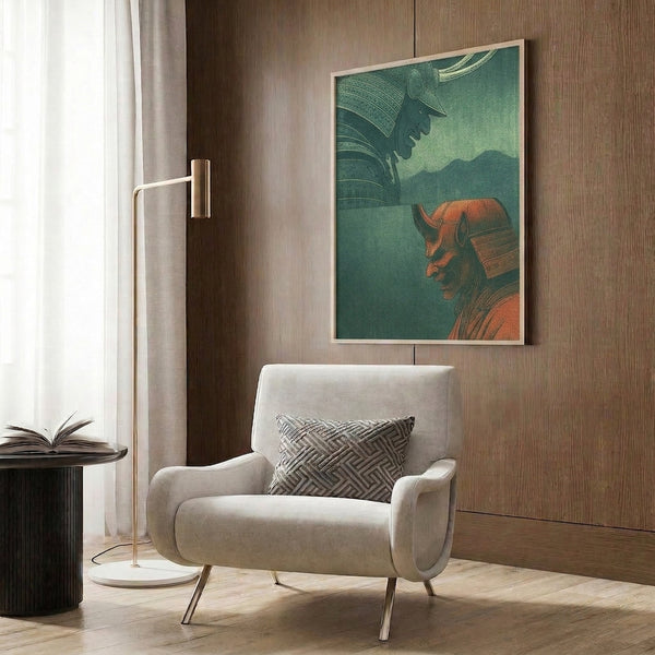 Pair of facing warrior helmets captured in classical Japanese woodblock style, framed as wall art with dignified teal and burnt orange coloring suggesting antique, academic appeal.