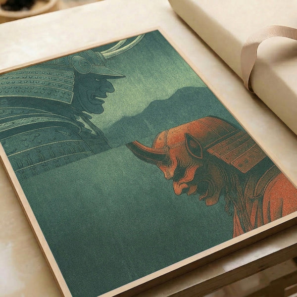 Framed Japanese art print depicting two ornamental samurai helms confronting each other in warm gold and cool teal, blending vintage woodblock artistry with martial contemplation.