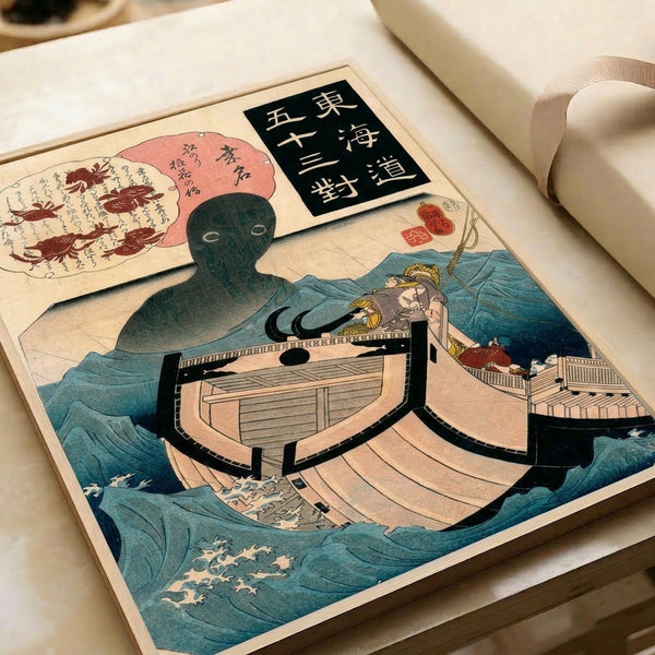 Japanese cultural art print depicting sailors and a mythical sea creature in whimsical, dramatic composition with classic indigo, rose pink, and cream palette.