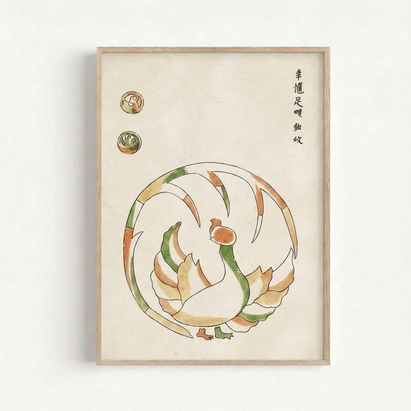 Calm botanical study poster in Japandi style showing intricate details of shellfish including a shrimp and snail with fine linear marks in earthy green and brown hues.
