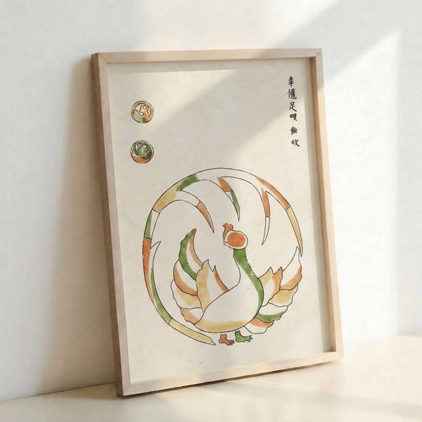 Naturalistic Japanese line art print of marine subjects—shrimp, snail, and shells—rendered in soft cream and sage green with russet accents, displayed as framed wall art.