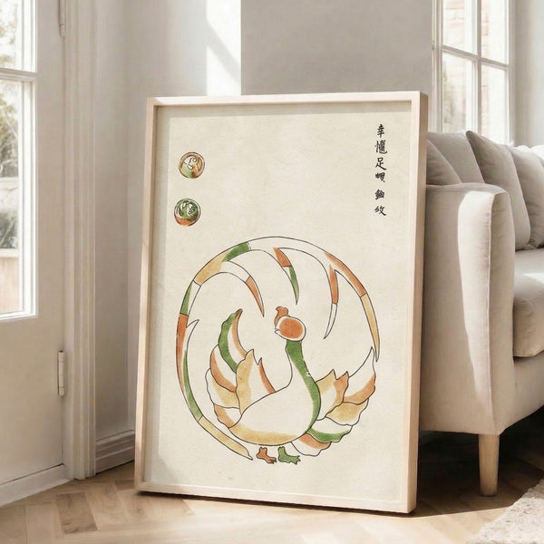 Observational woodblock-style poster depicting delicate anatomical details of a shrimp, snail, and shell in muted cream, green, and rust-brown colorways.