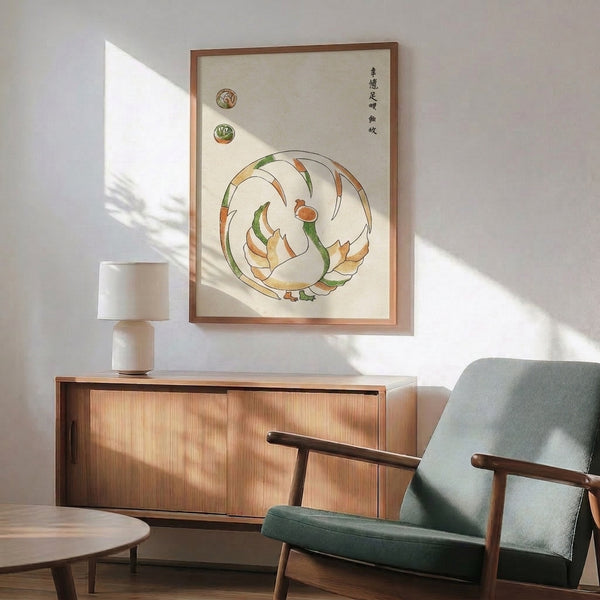 Japanese-inspired nature study poster in neutral cream and earthy greens featuring precise linework of shellfish and mollusks, calm and meditative in mood.
