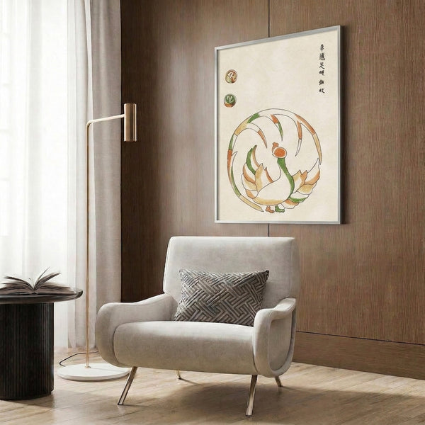 Minimalist botanical woodblock art print of a shrimp, snail, and shells with delicate pen strokes in cream, sage, and warm rust-orange creating a tranquil Japandi aesthetic.