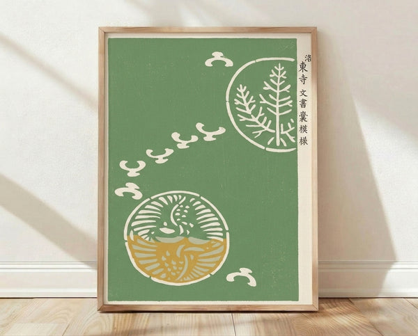 Minimalist Japanese woodblock print featuring a crane and enso circle in moss green, cream, and golden ochre tones, creating a serene, meditative aesthetic on a framed poster.