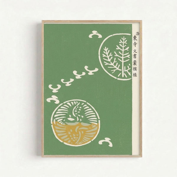 Zen-inspired art print with a graceful crane and circular enso motif in soft sage and cream palette, embodying refined wabi-sabi principles in a framed wall display.