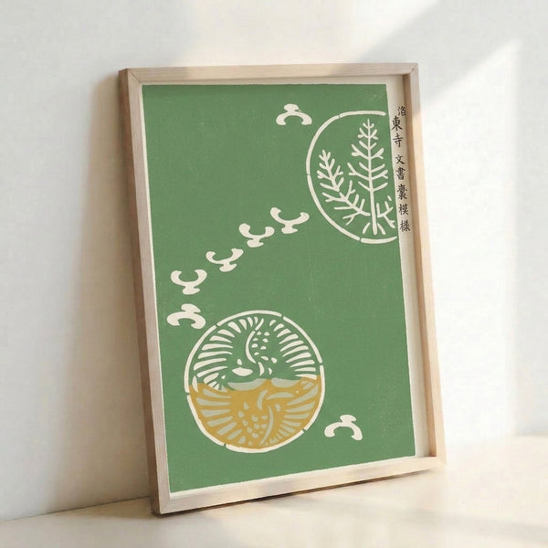Meditative Japanese woodblock poster showcasing delicate crane imagery with enso circle design in earthy moss green and golden ochre hues.