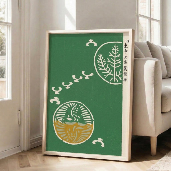 Serene minimalist print inspired by Luodong Temple traditions, featuring crane and enso in muted cream and sage tones, framed for contemplative wall art.