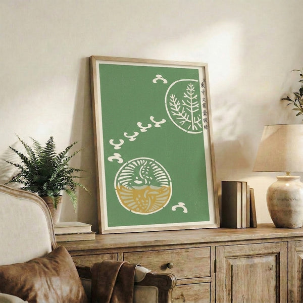 Elegant Japanese-style framed poster with crane and enso circle in a refined color palette of moss green, cream, and soft ochre, evoking meditative calm.
