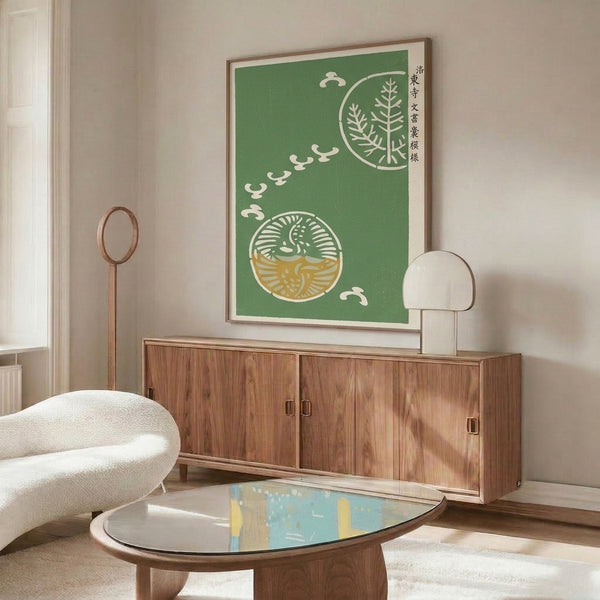 Wabi-sabi influenced woodblock art print presenting a graceful crane with circular enso motif in subdued sage green and cream tones, promoting tranquility when framed.