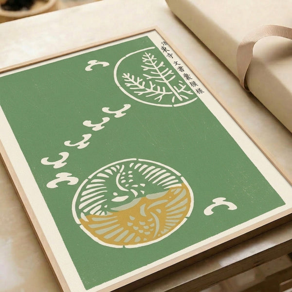 Minimalist Zen wall art featuring a serene crane and enso design rendered in soft golden ochre and moss green on cream background, ideal for contemplative spaces.