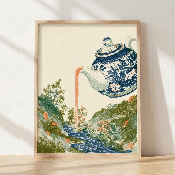 Serene Japanese woodblock-style landscape poster featuring a teapot pouring a flowing stream through bamboo and flowering plants, rendered in cream, navy blue, sage green, and coral tones with gold accents.