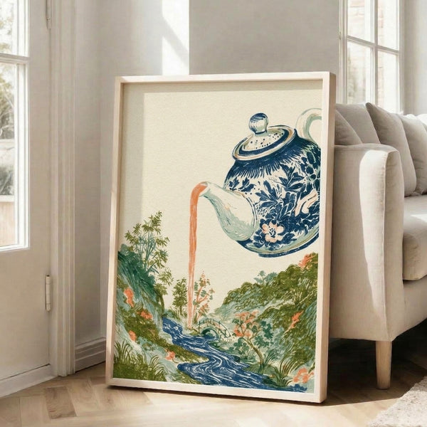 Framed art print depicting a contemplative Japandi landscape where an ornate teapot pours water into a gentle stream surrounded by bamboo and blossoms in soft cream, blue, and green hues.