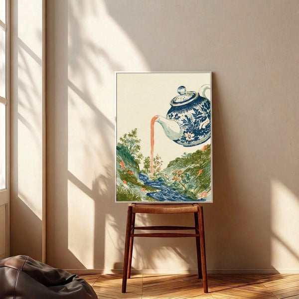 Zen-inspired poster art showing a teapot as the focal point of a harmonious landscape with flowing water, bamboo grove, and delicate flowers in a palette of navy, sage, coral, and cream.