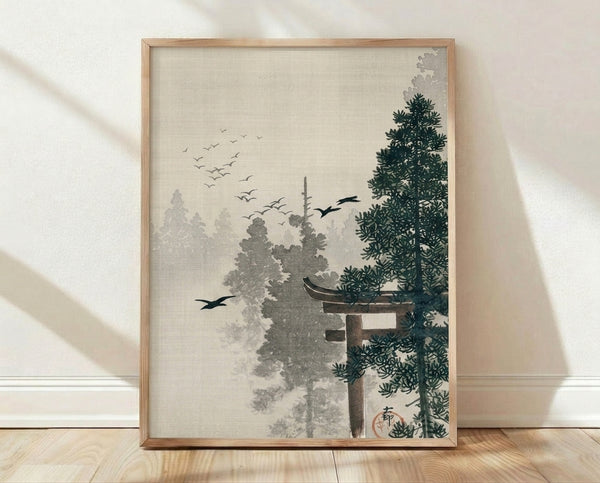 Serene Japanese woodblock-style poster featuring a crane in a misty forest with a traditional torii gate and pine trees in cream, gray, and dark green tones.