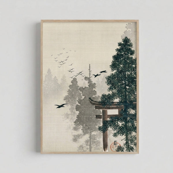Minimalist Japandi art print depicting a lone crane among tall pines beneath a torii gate shrouded in mist, rendered in soft earth and forest colors.