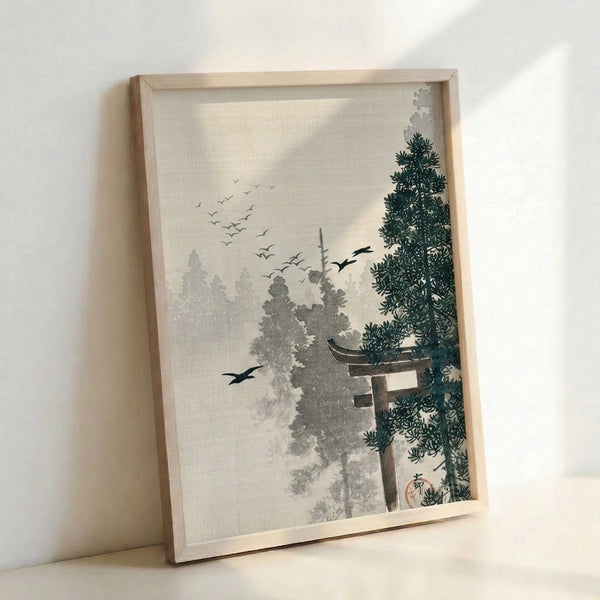 Contemplative woodland scene with a crane standing near a wooden torii gate, surrounded by misty pine forest in a peaceful Japanese art style.