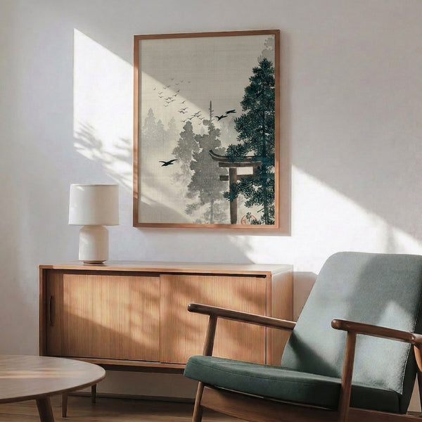 Zen-inspired wall art of a graceful crane beneath a torii gate in a misty pine forest, executed in soft neutrals and muted forest greens.
