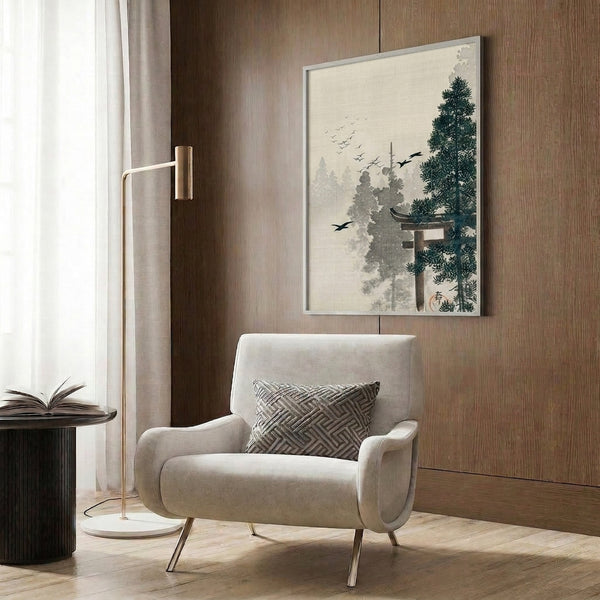 Japanese-style poster featuring a serene crane poised in mist-veiled woodland with torii gate and tall trees in calming cream, gray, and black tones.