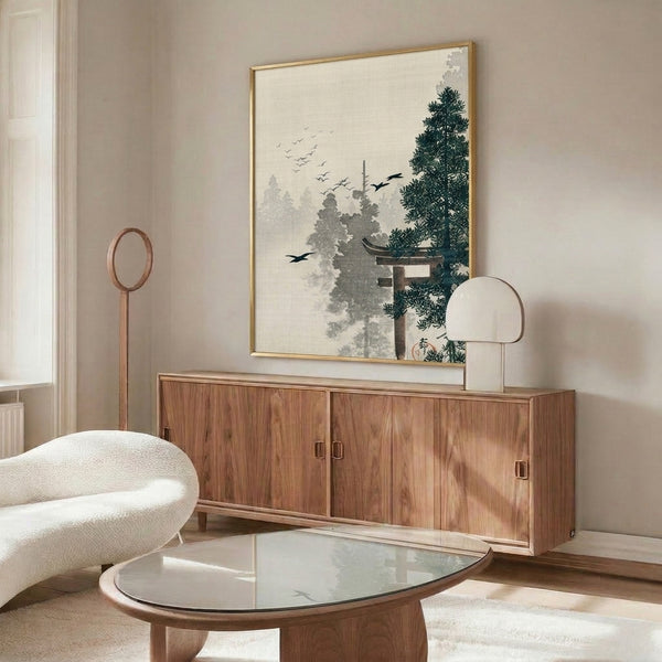 Peaceful forest wall print with a crane silhouetted by a traditional torii gate among pine trees and floating mist in minimalist Japandi aesthetic.