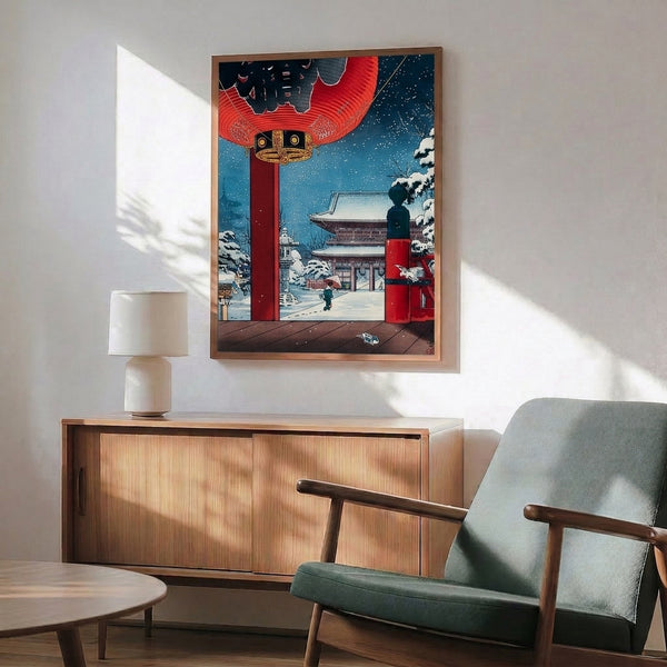 Framed poster art displaying a tranquil snow-blanketed Japanese temple with ornate red lantern, traditional gate, and contemplative figure in serene Showa-period woodblock style.