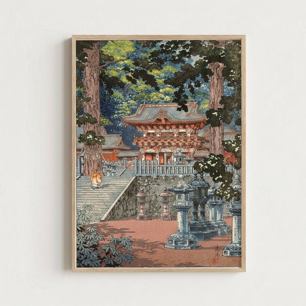 Vintage-style temple artwork showing the sacred gateway at Nikko Toshogu with towering trees, terra cotta lanterns, and a contemplative figure in traditional dress.