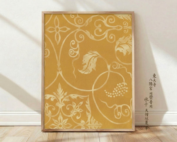 Ornate Japanese textile pattern featuring scrolling botanical motifs in gold and cream, inspired by Edo period design and Art Nouveau style, framed as a wall art print.