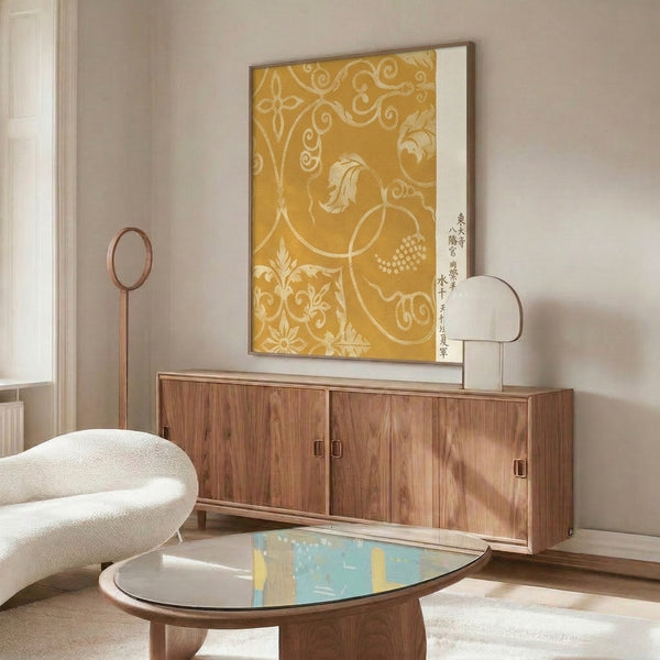 Elegant tan and gold textile pattern with delicate floral motifs and decorative scrollwork, reflecting Japanese design tradition and displayed as a framed wall art print.