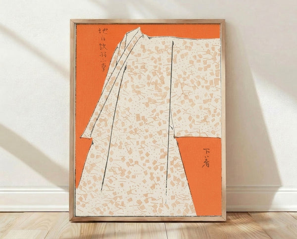 Framed Japanese woodblock print of a kimono textile in warm orange, cream, and tan tones with bold black details, displayed as minimalist wall art.